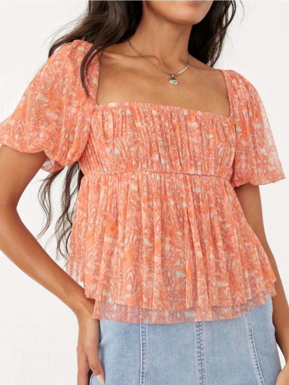 Free People Penelope Top in Peach Combo Floral Print Smocked Puff Sleeve Size M